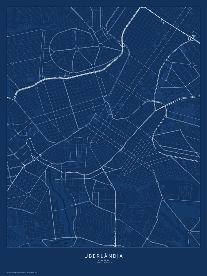 Uberlândia map poster, blueprint style