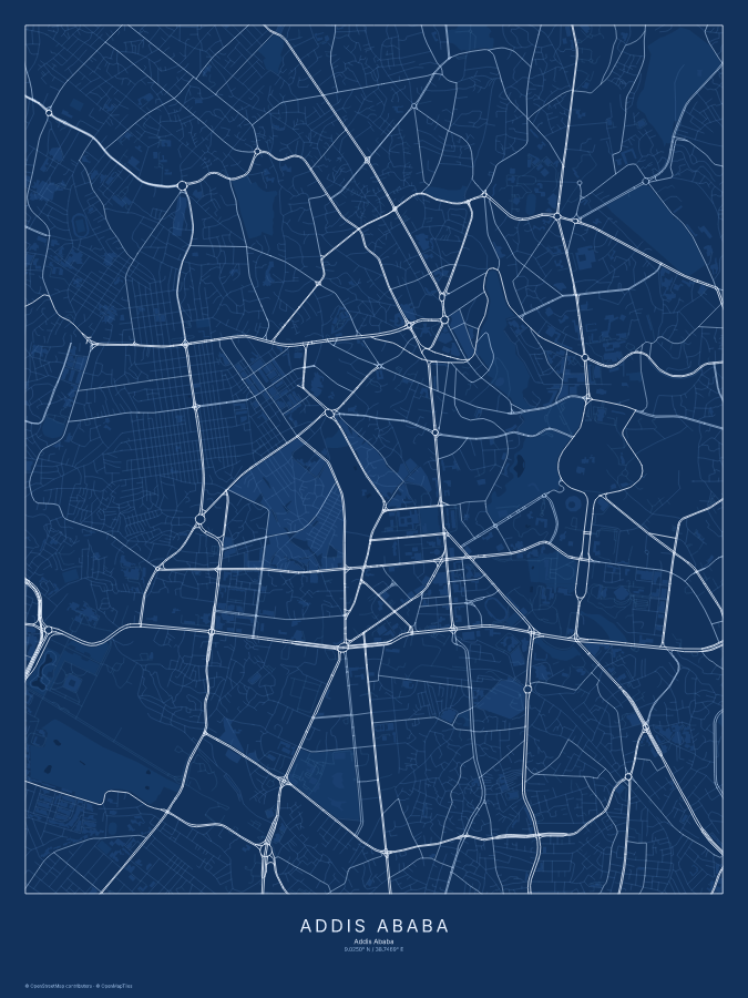Addis Ababa map poster, blueprint style
