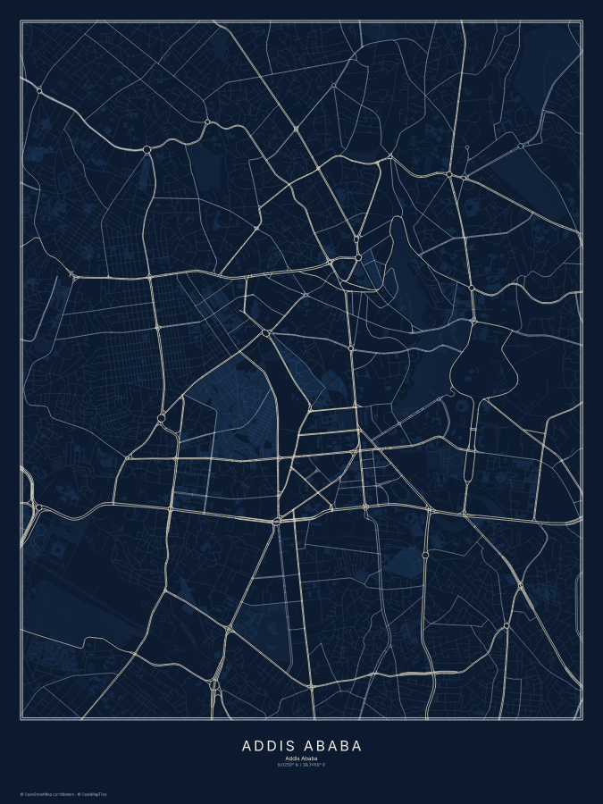 Addis Ababa map poster, midnight style