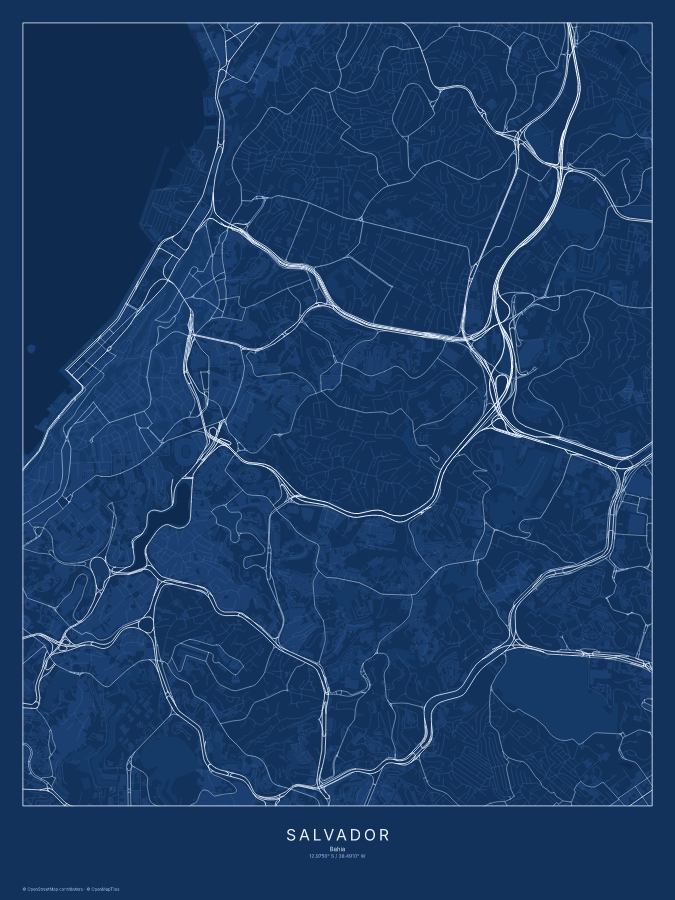 Salvador map poster, blueprint style