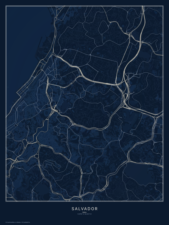 Salvador map poster, midnight style