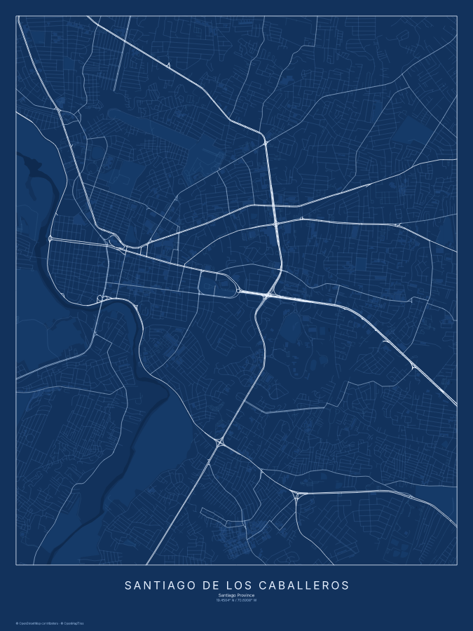 Santiago de los Caballeros map poster, blueprint style