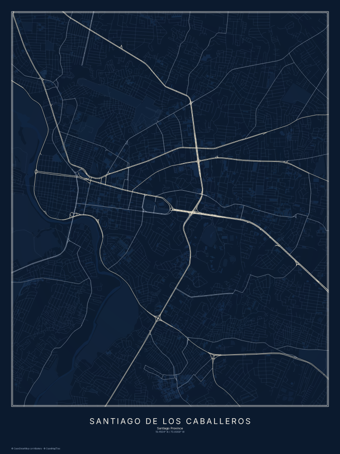 Santiago de los Caballeros map poster, midnight style
