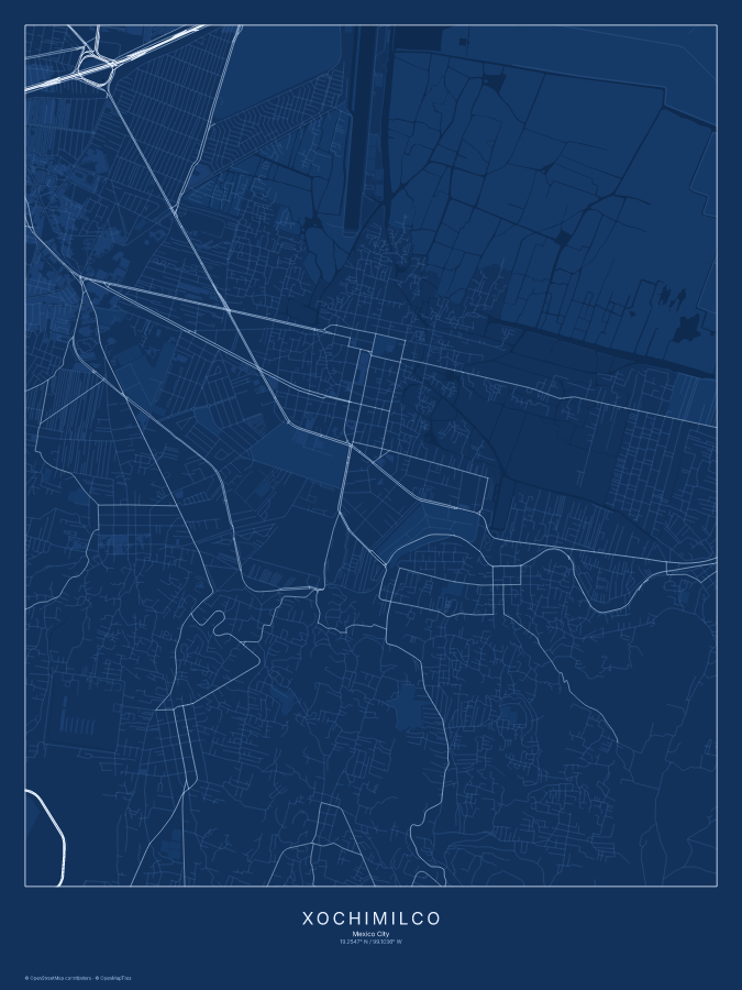 Xochimilco map poster, blueprint style