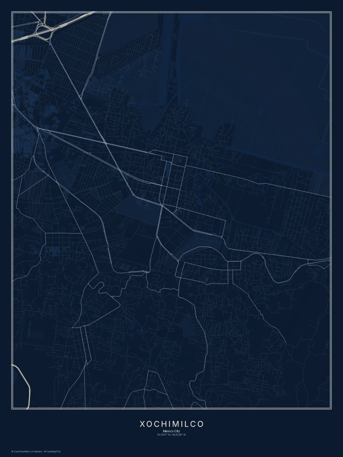 Xochimilco map poster, midnight style
