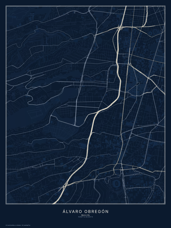 Álvaro Obregón map poster, midnight style