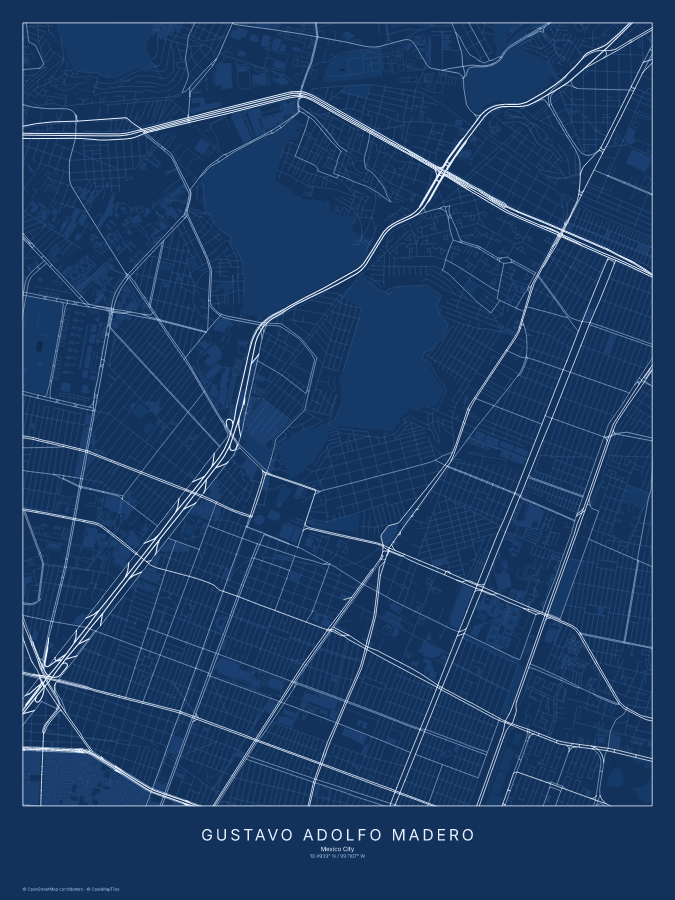 Gustavo Adolfo Madero map poster, blueprint style