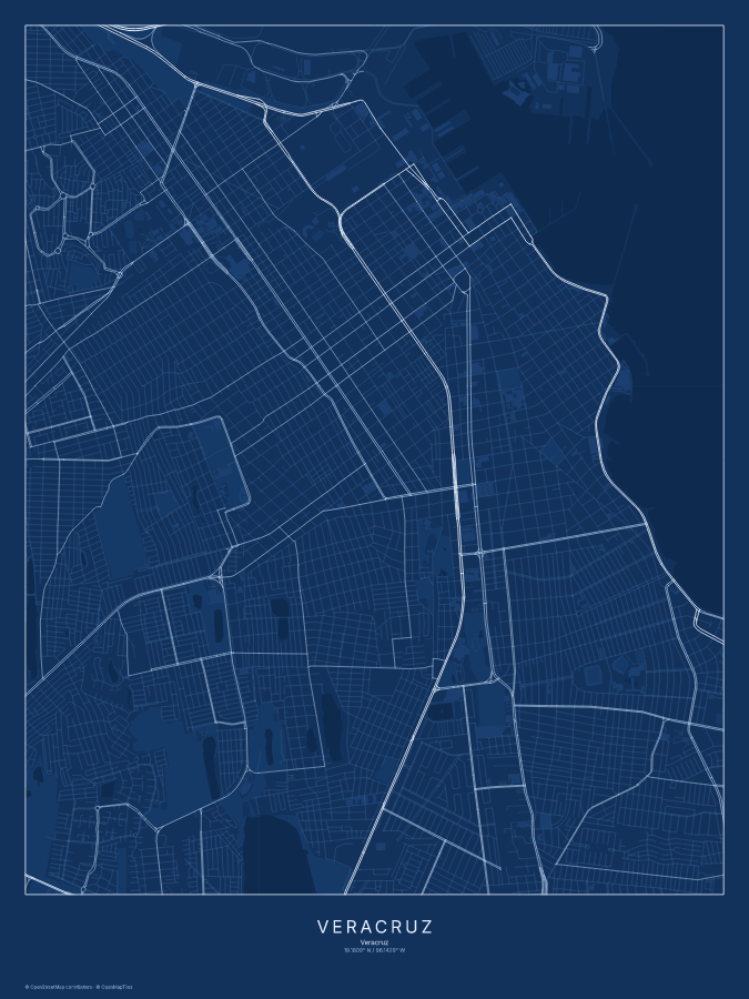 Veracruz map poster, blueprint style
