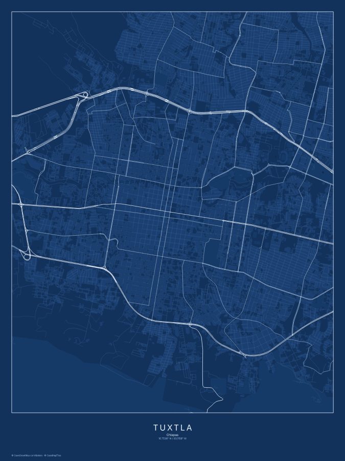 Tuxtla map poster, blueprint style