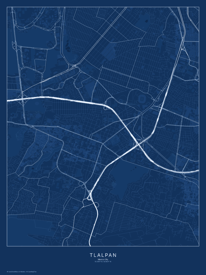 Tlalpan map poster, blueprint style
