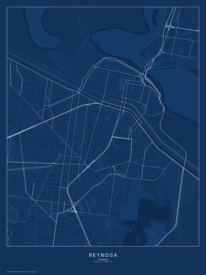 Reynosa map poster, blueprint style