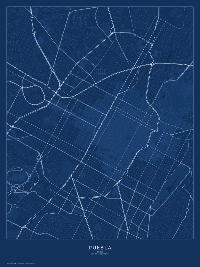 Puebla map poster, blueprint style