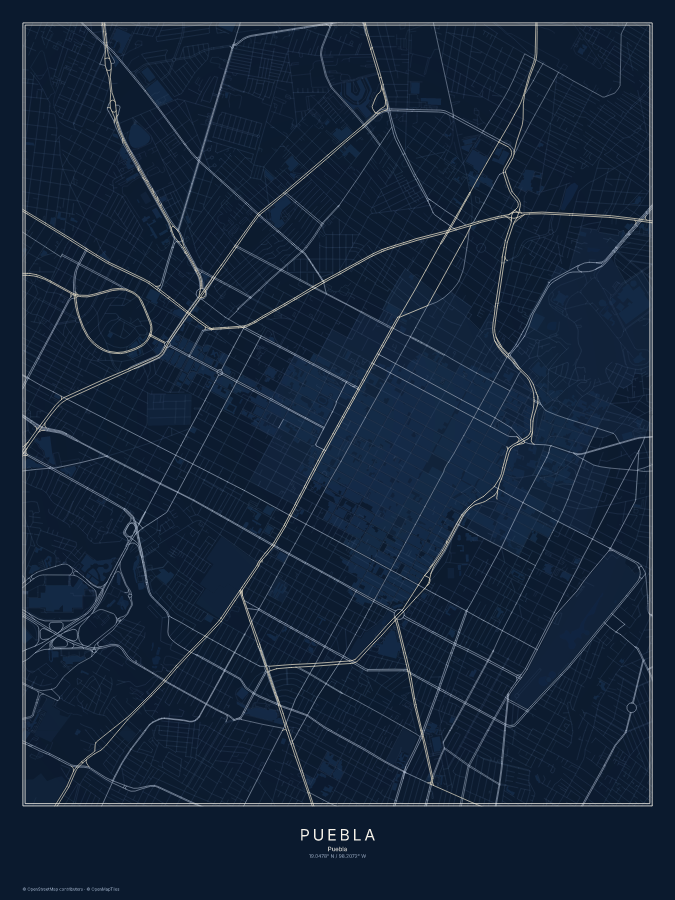 Puebla map poster, midnight style