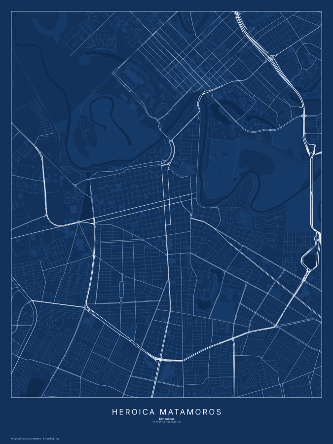 Heroica Matamoros map poster, blueprint style