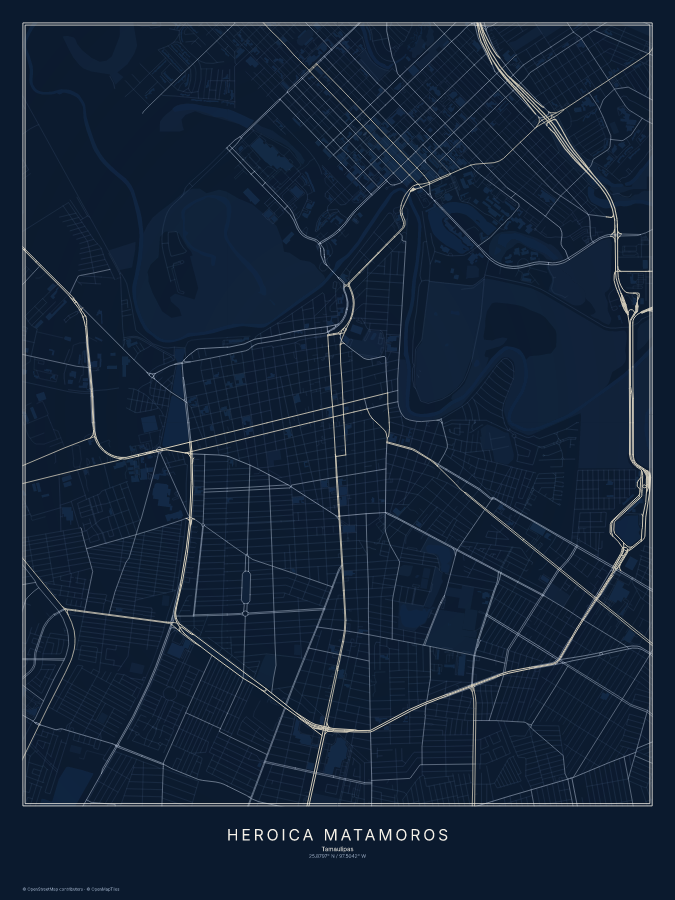 Heroica Matamoros map poster, midnight style