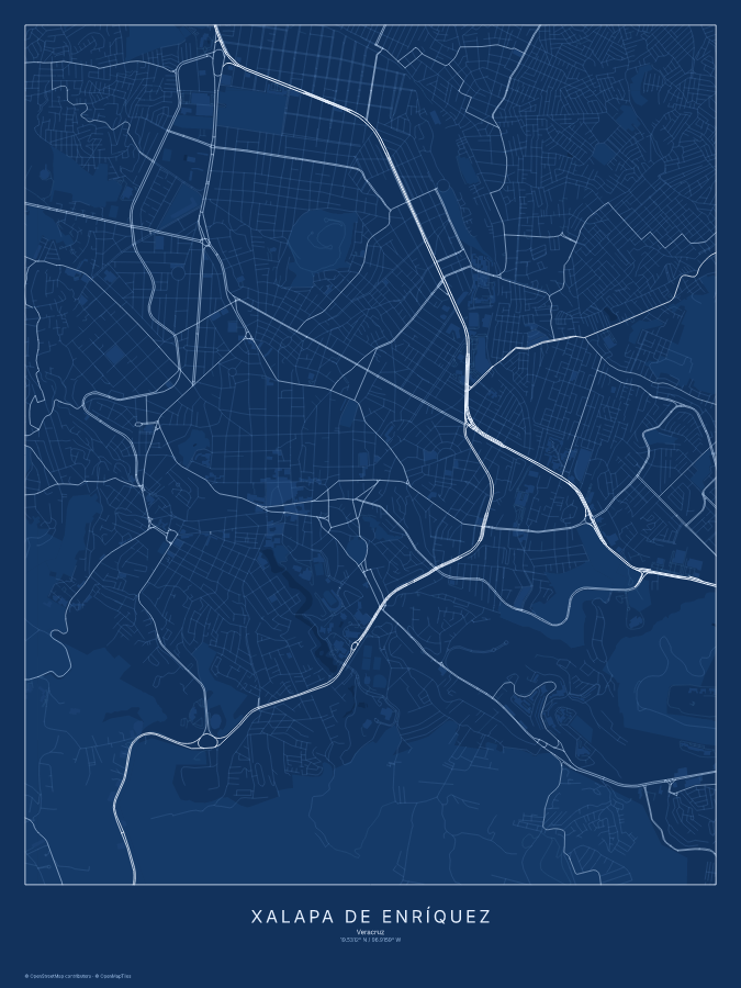Xalapa de Enríquez map poster, blueprint style