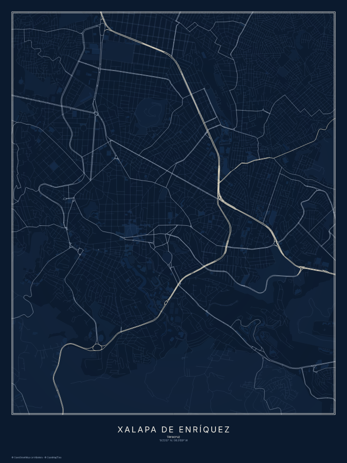 Xalapa de Enríquez map poster, midnight style