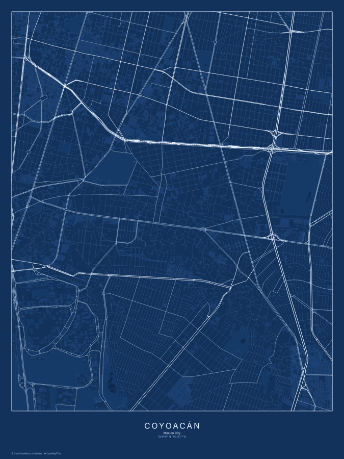 Coyoacán map poster, blueprint style