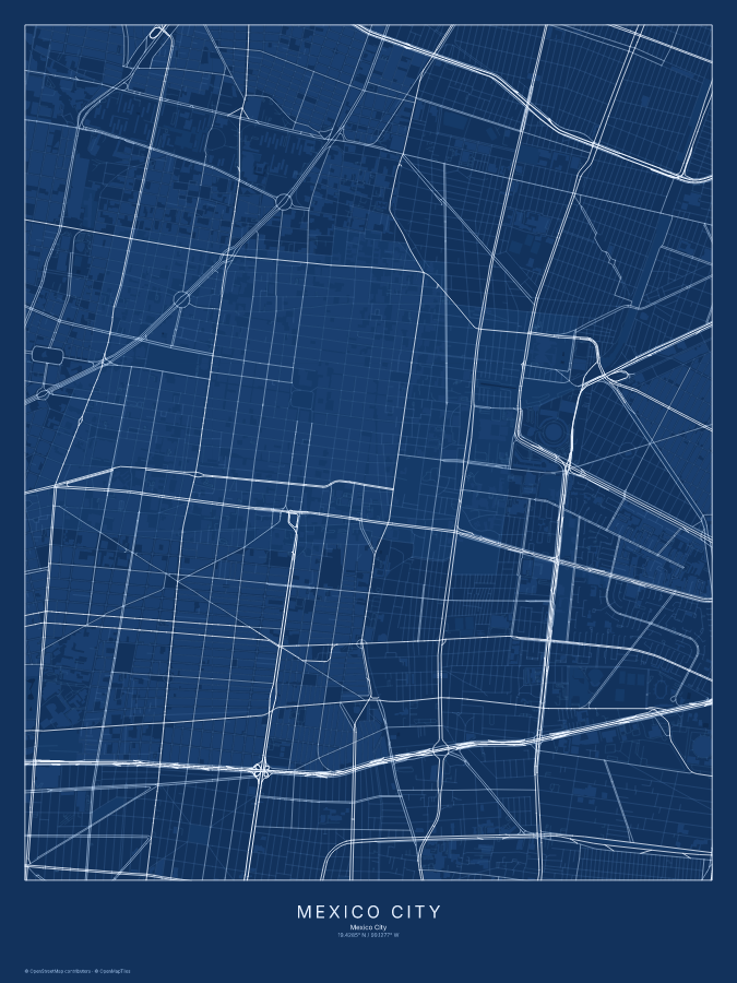 Mexico City map poster, blueprint style
