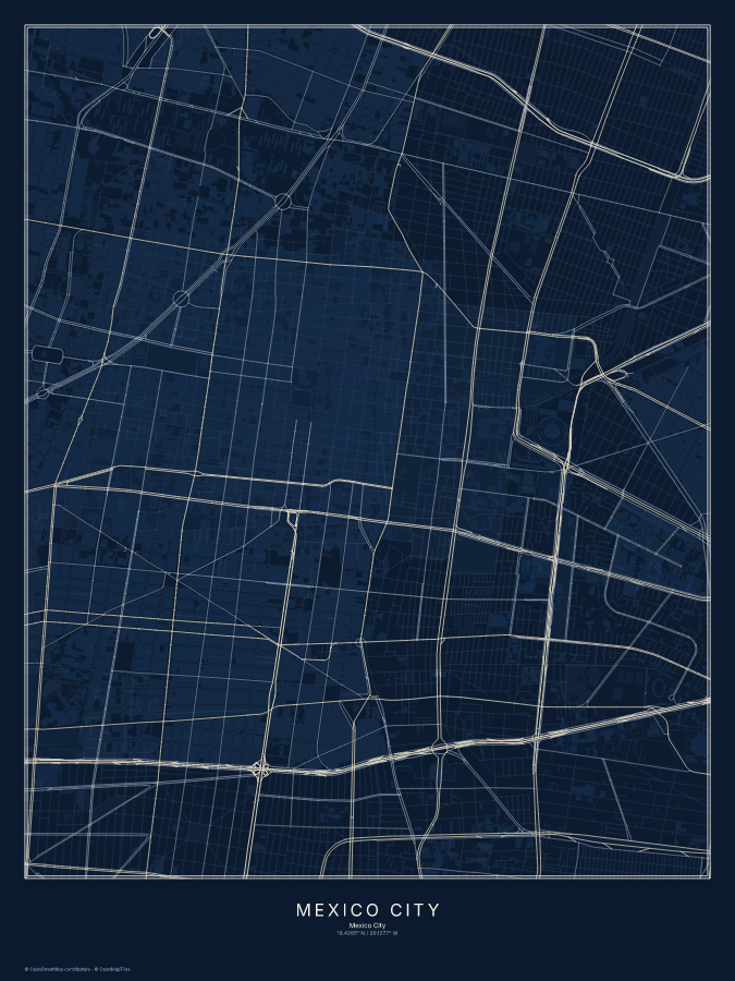 Mexico City map poster, midnight style