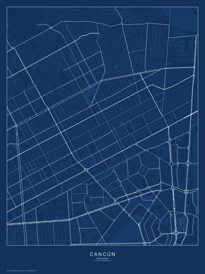 Cancún map poster, blueprint style