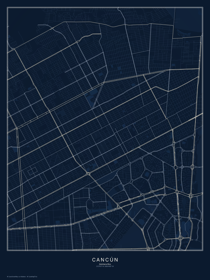 Cancún map poster, midnight style