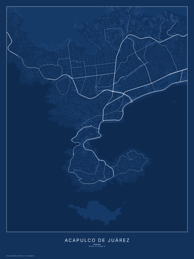 Acapulco de Juárez map poster, blueprint style