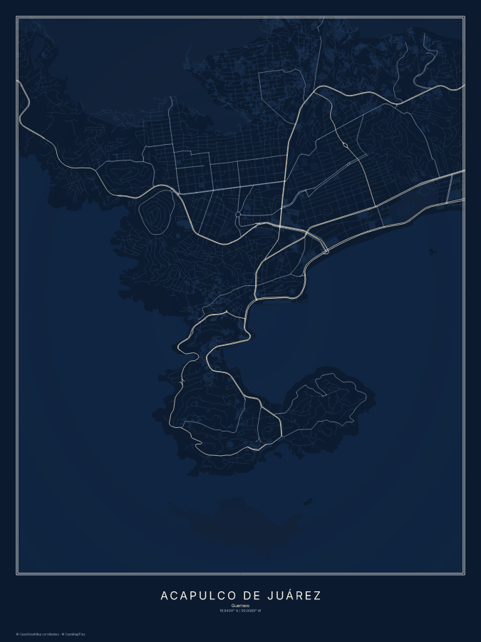 Acapulco de Juárez map poster, midnight style