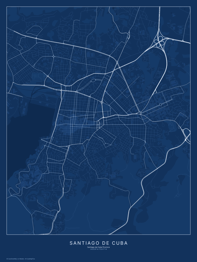 Santiago de Cuba map poster, blueprint style