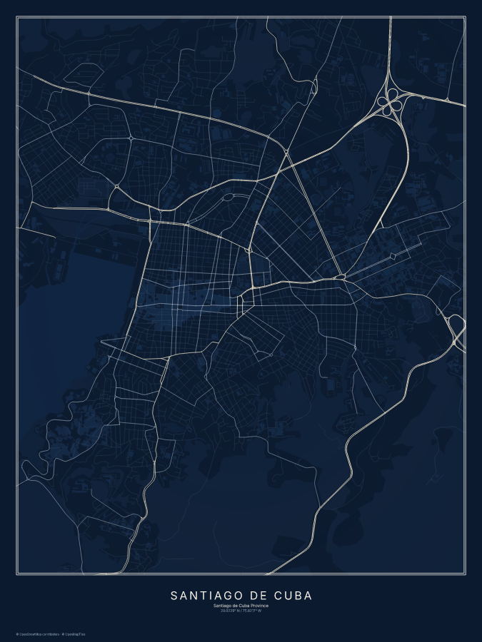 Santiago de Cuba map poster, midnight style