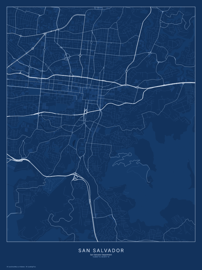 San Salvador map poster, blueprint style