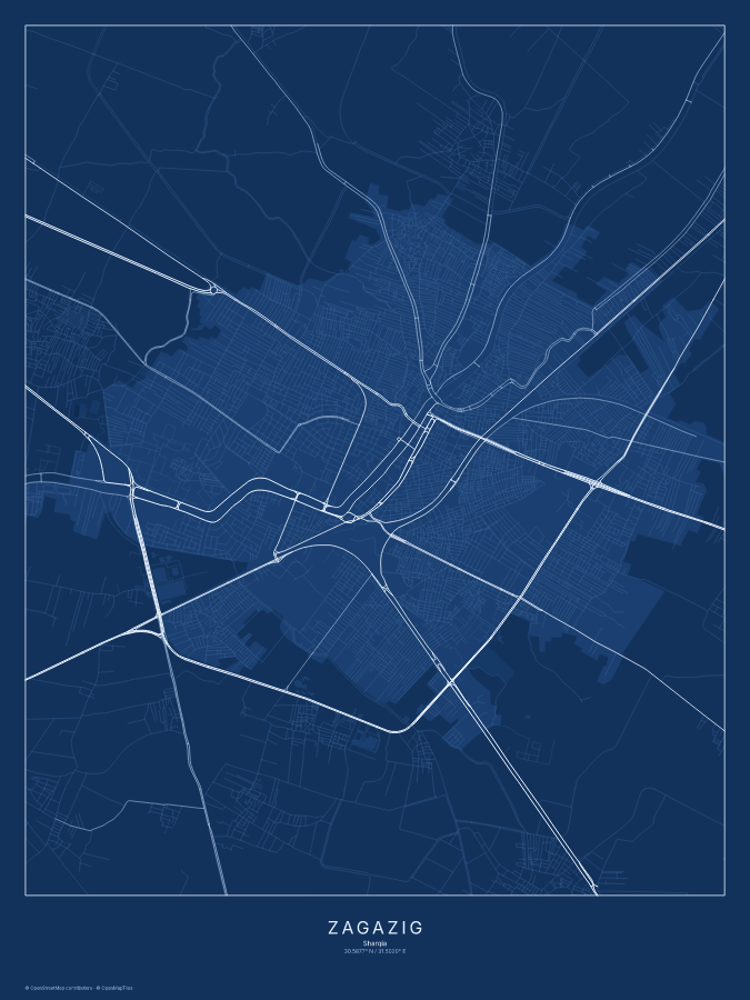 Zagazig map poster, blueprint style