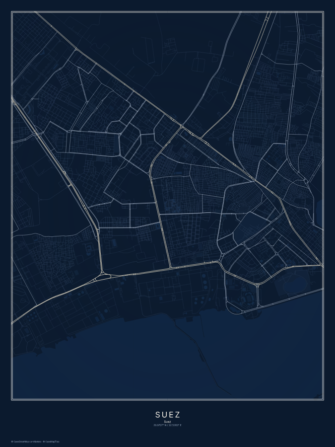 Suez map poster, midnight style