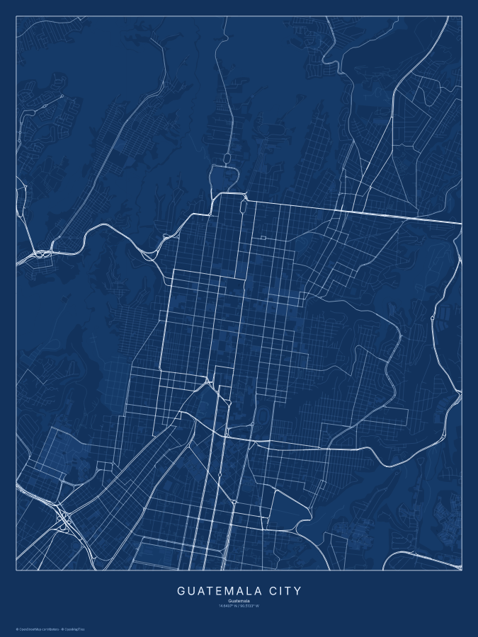 Guatemala City map poster, blueprint style