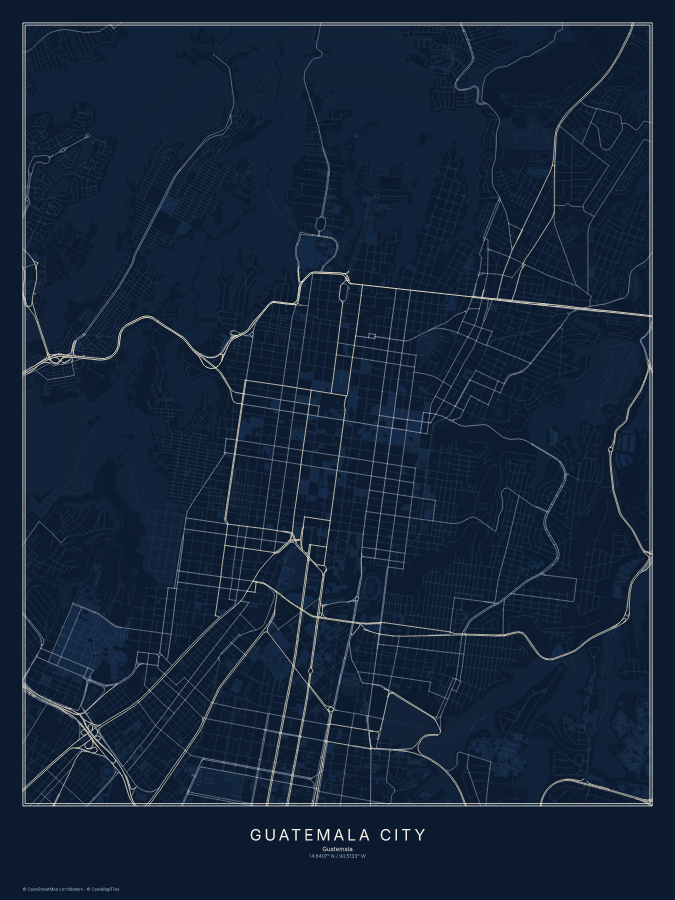 Guatemala City map poster, midnight style