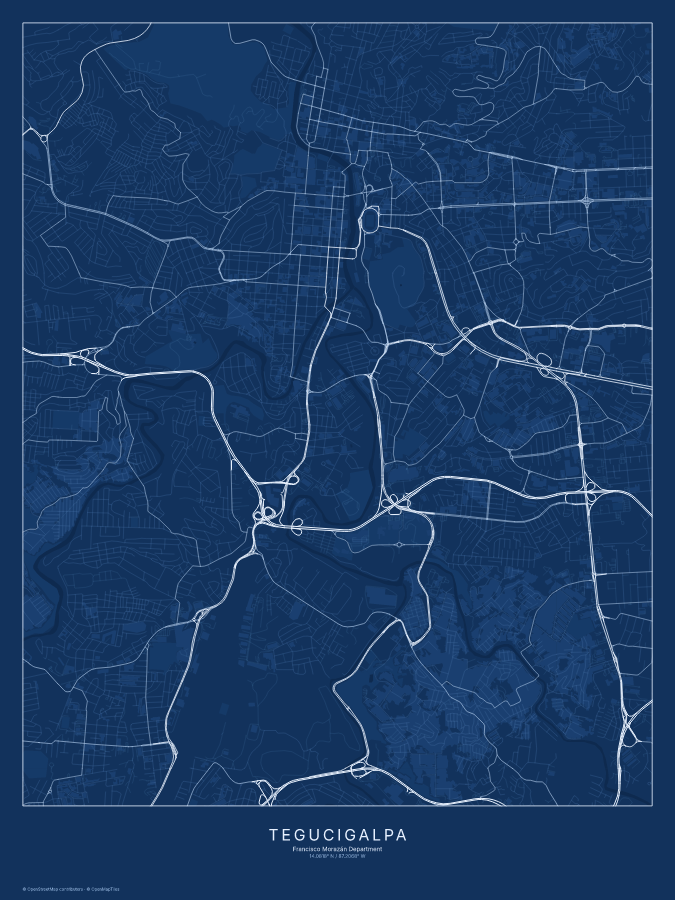 Tegucigalpa map poster, blueprint style