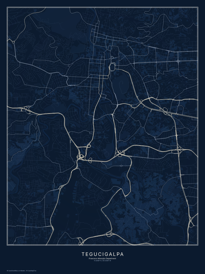 Tegucigalpa map poster, midnight style