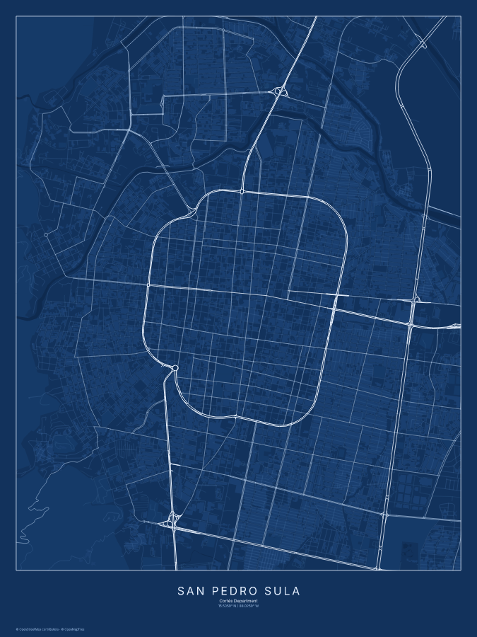 San Pedro Sula map poster, blueprint style