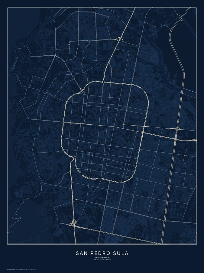 San Pedro Sula map poster, midnight style