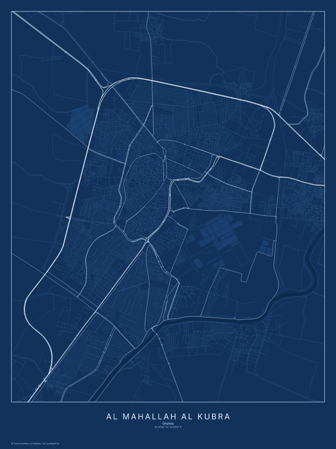 Al Maḩallah al Kubrá map poster, blueprint style