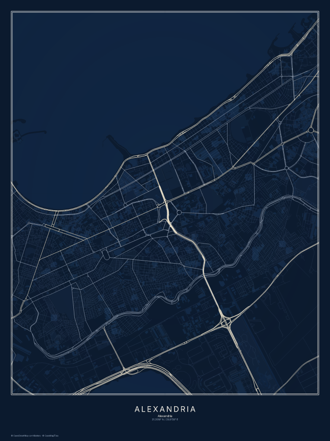 Alexandria map poster, midnight style