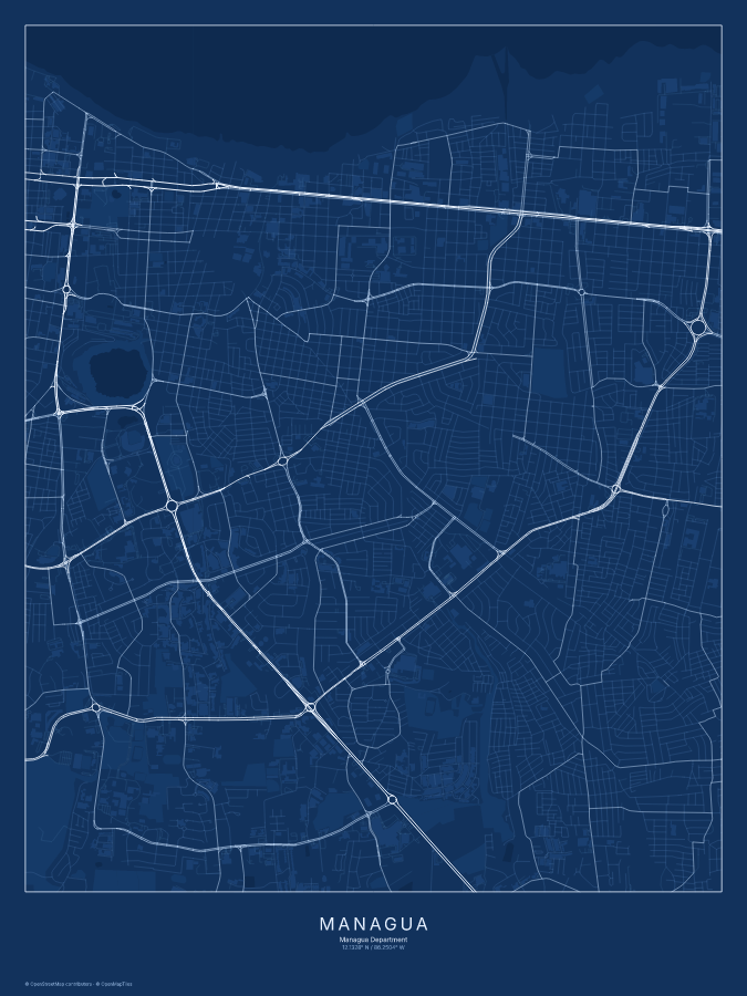 Managua map poster, blueprint style