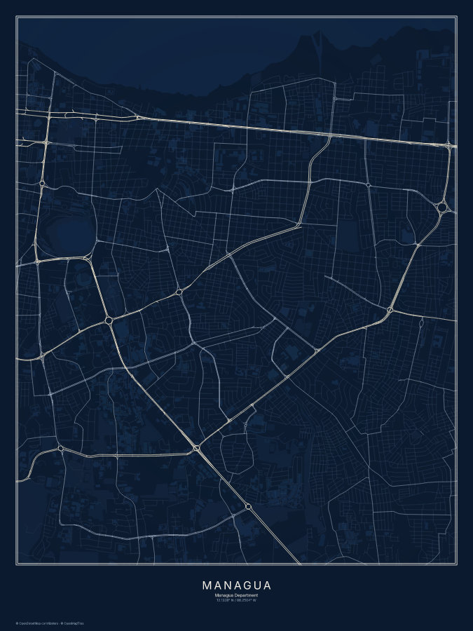 Managua map poster, midnight style