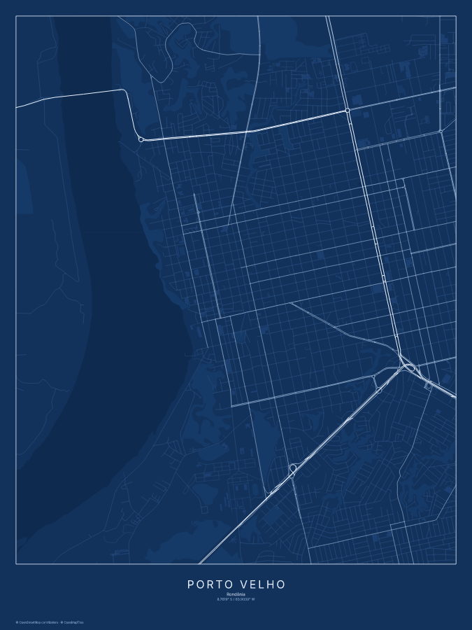 Porto Velho map poster, blueprint style