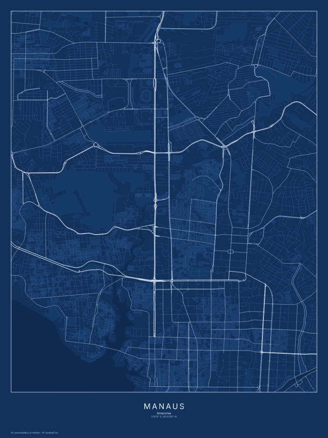 Manaus map poster, blueprint style