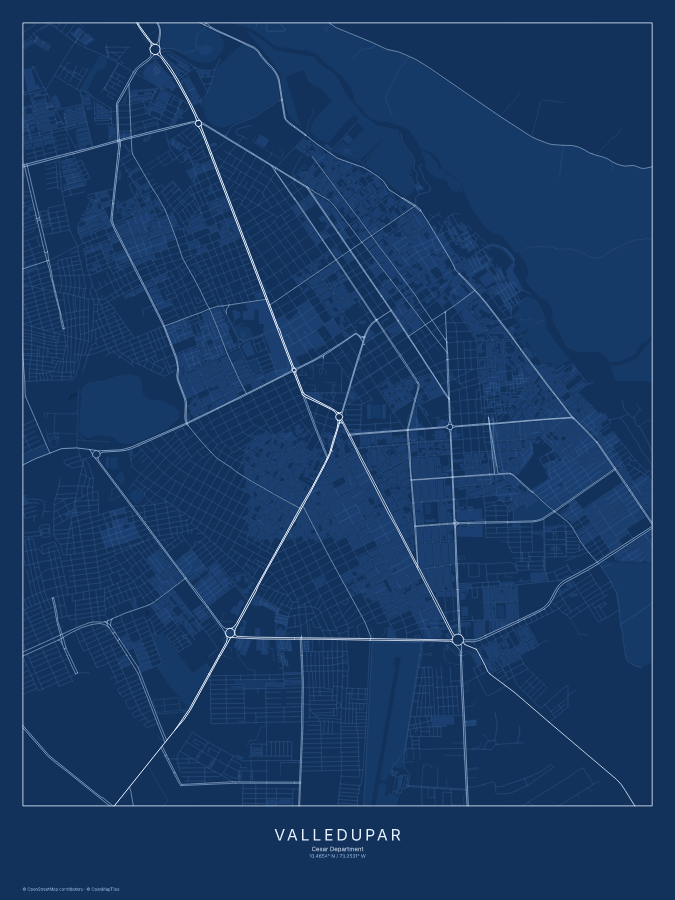 Valledupar map poster, blueprint style