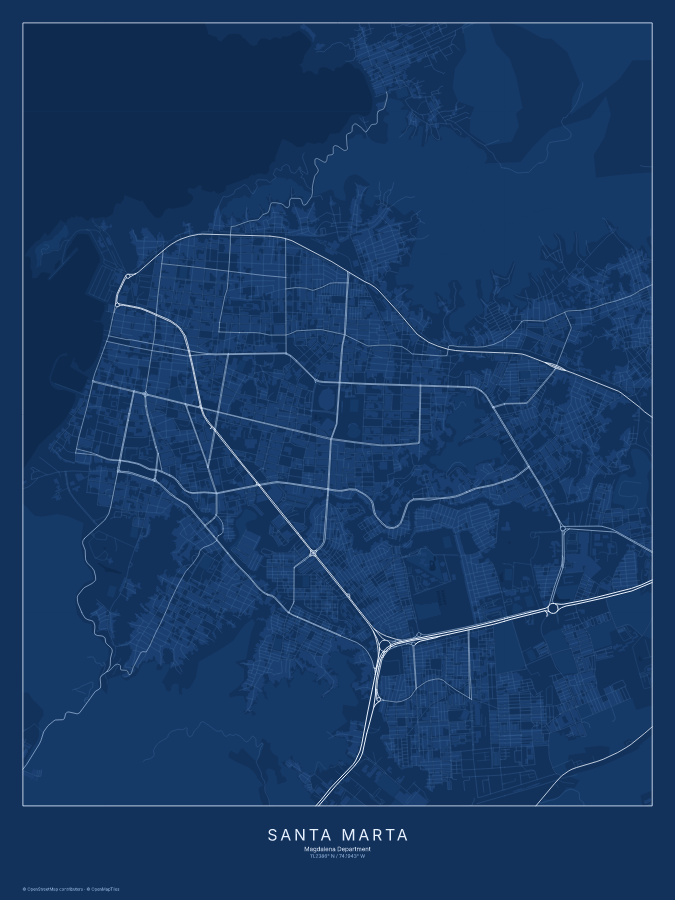 Santa Marta map poster, blueprint style