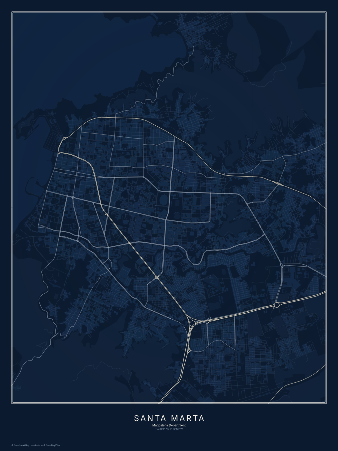 Santa Marta map poster, midnight style