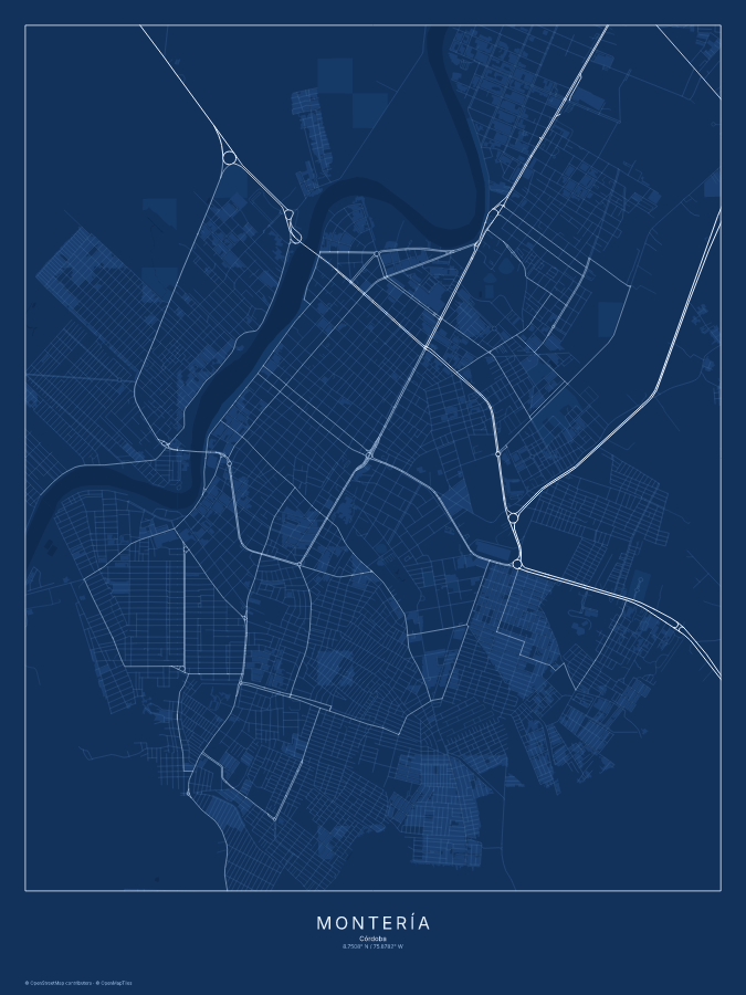 Montería map poster, blueprint style