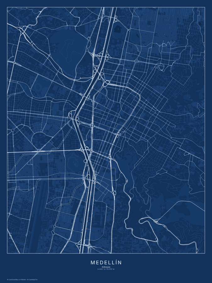 Medellín map poster, blueprint style